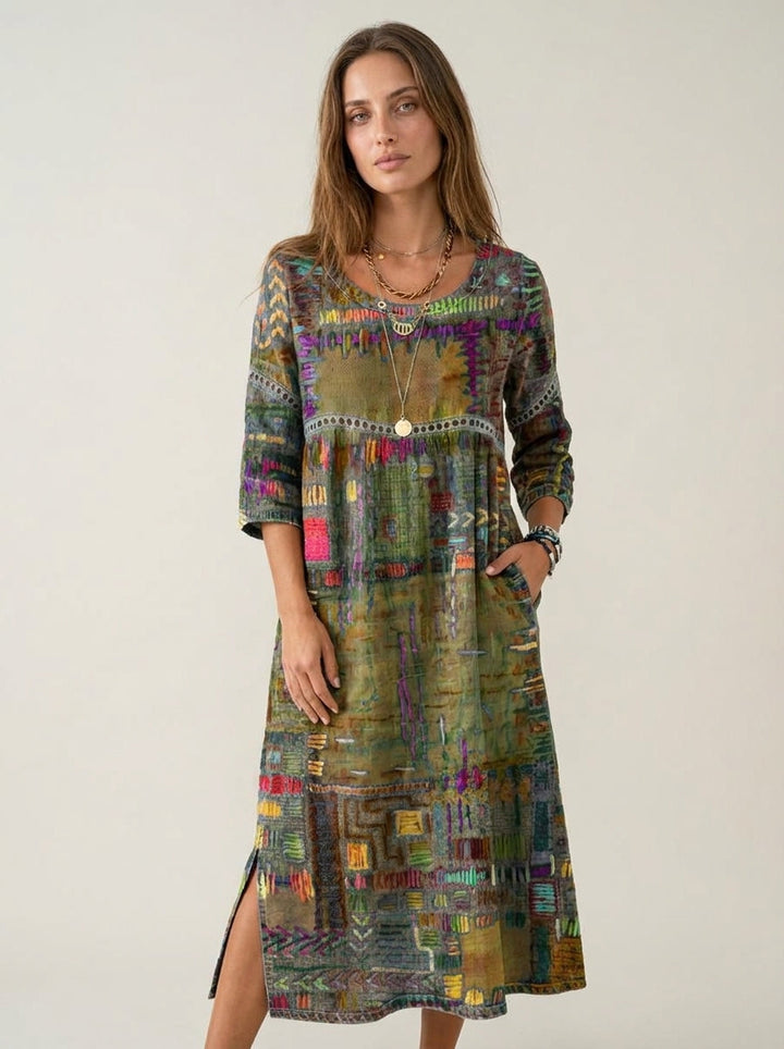 Robe Midi Broderies Ethniques – Vert Militar