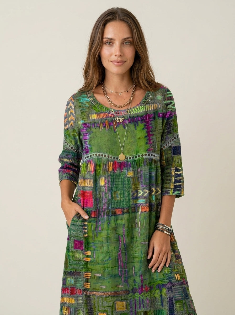 Robe Midi Broderies Ethniques – Vert