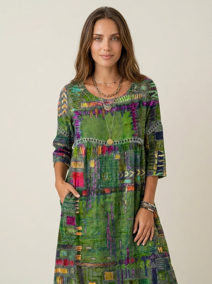 Robe Midi Broderies Ethniques – Vert