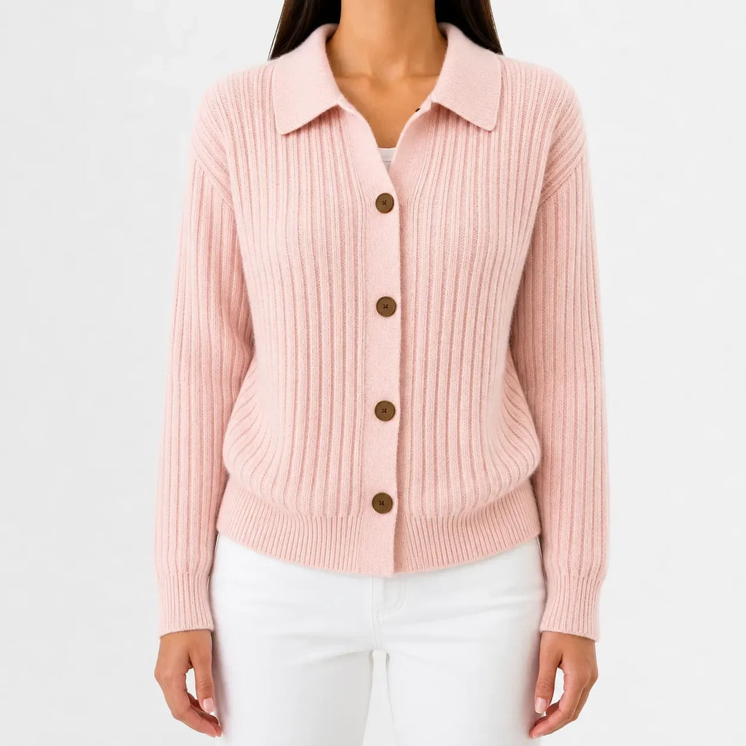 Cardigan Élégant à Col Polo – Rose Clair