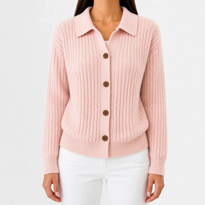 Cardigan Élégant à Col Polo – Rose Clair