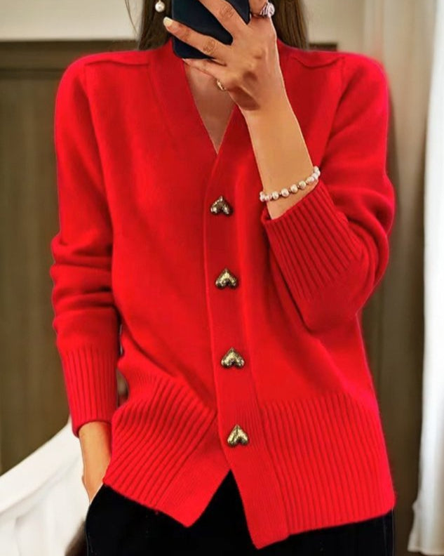 Cardigan élégant à boutons cœur – Rouge