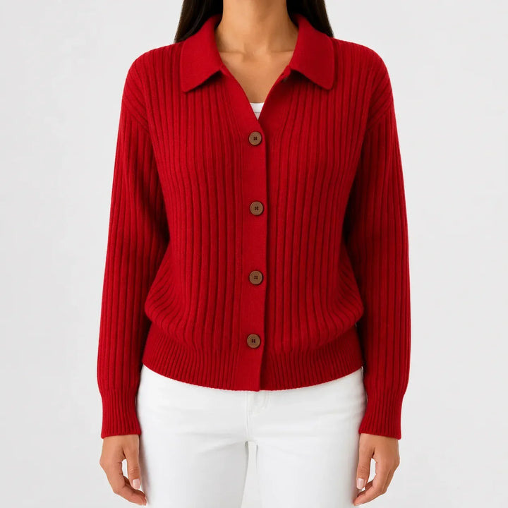 Cardigan Élégant à Col Polo – Rouge
