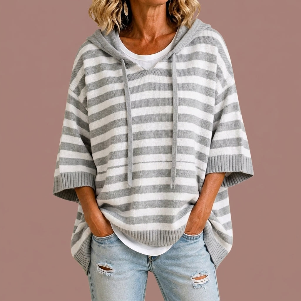 Pull Ample Rayé à Capuche – Gris