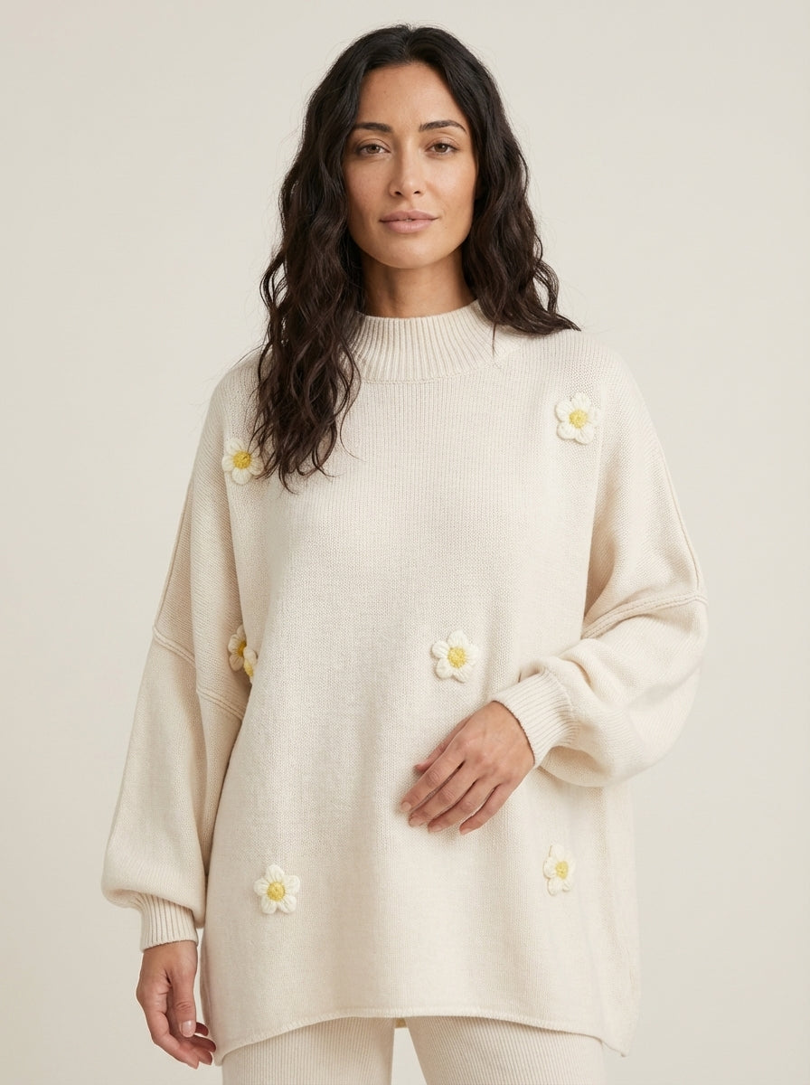Sweat Douillet à Fleurs – Beige