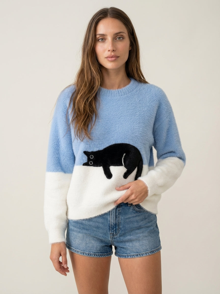 Sweat Doux à Motif Chat – Bleu Clair