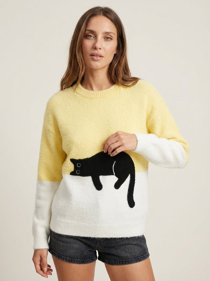 Sweat Doux à Motif Chat – Jaune
