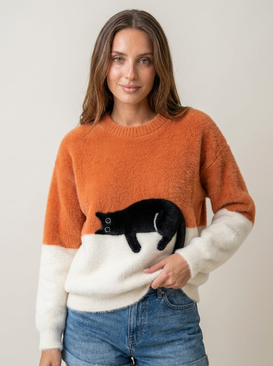 Sweat Doux à Motif Chat – Orange
