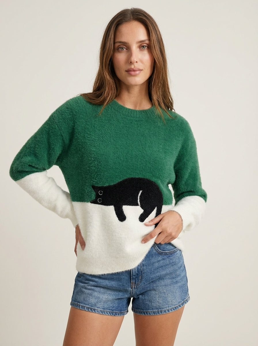 Sweat Doux à Motif Chat – Vert