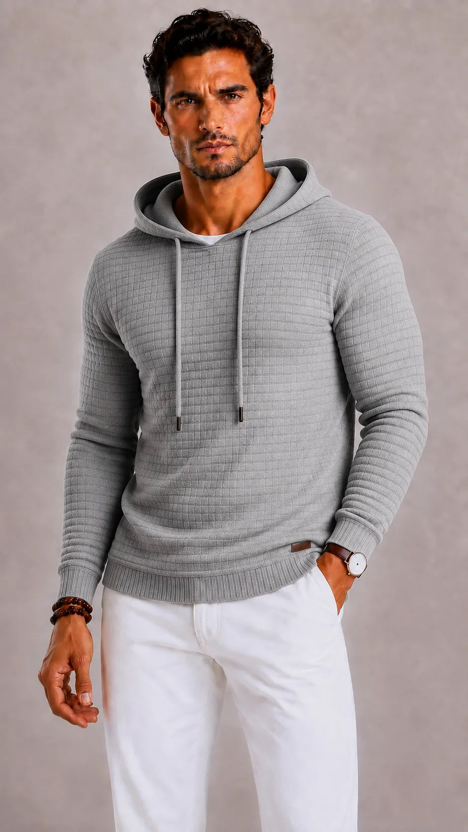 Sweat Homme Texturé à Capuche – Gris Clair