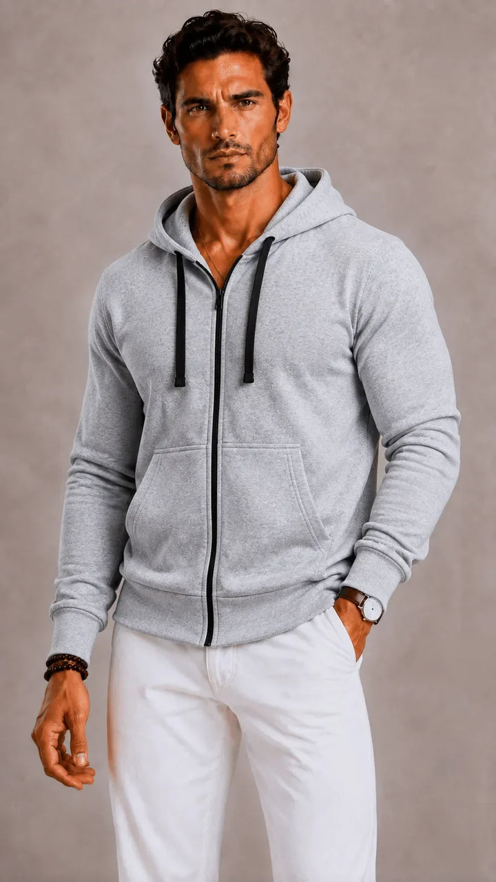Sweat Zippé à Capuche Classique – Gris Clair