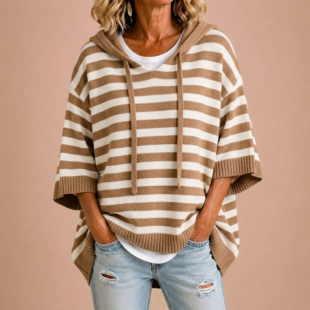 Pull Ample Rayé à Capuche – Marron