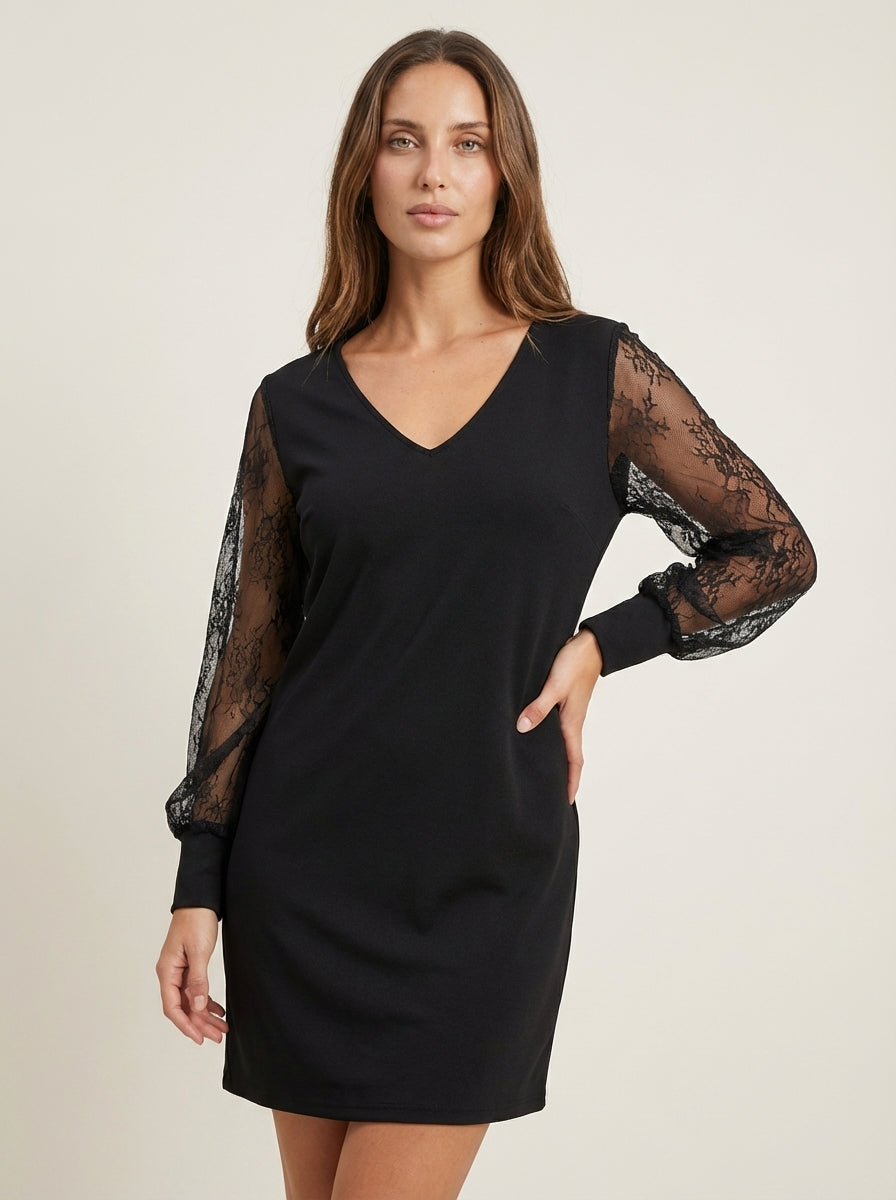 Robe Élégante Manches Ornées – Noir