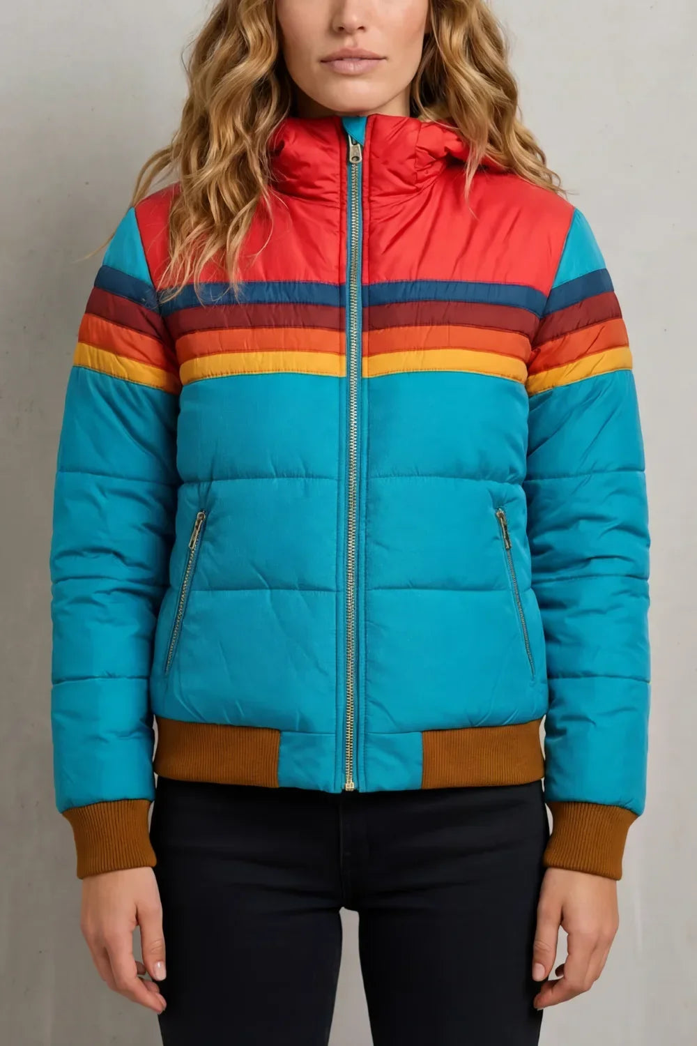 Veste Color-Block à Capuche – Bleu Clair