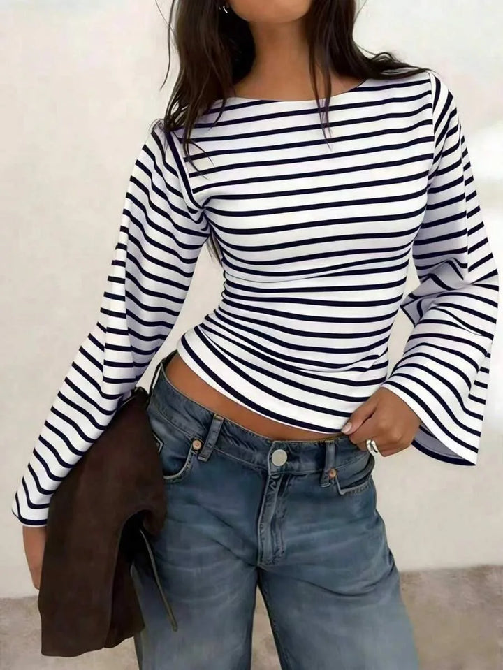 Top Rayé à Manches Évasées – Bleu Marine
