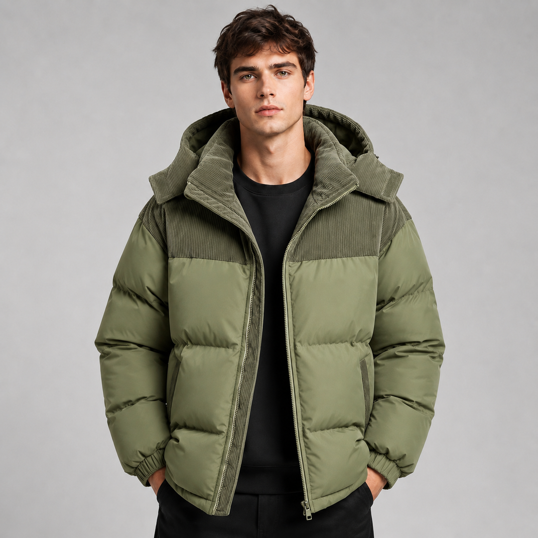Veste Chaude à Empiècement Contrasté – Vert Foncé