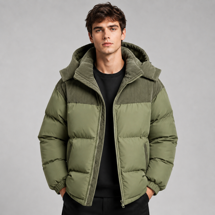 Veste Chaude à Empiècement Contrasté – Vert Foncé