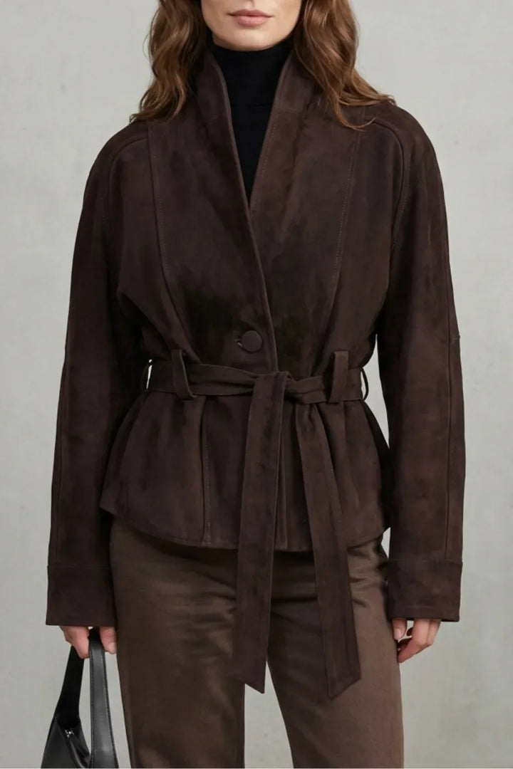 Veste Ceinturée à Col Montant – Marron Foncé