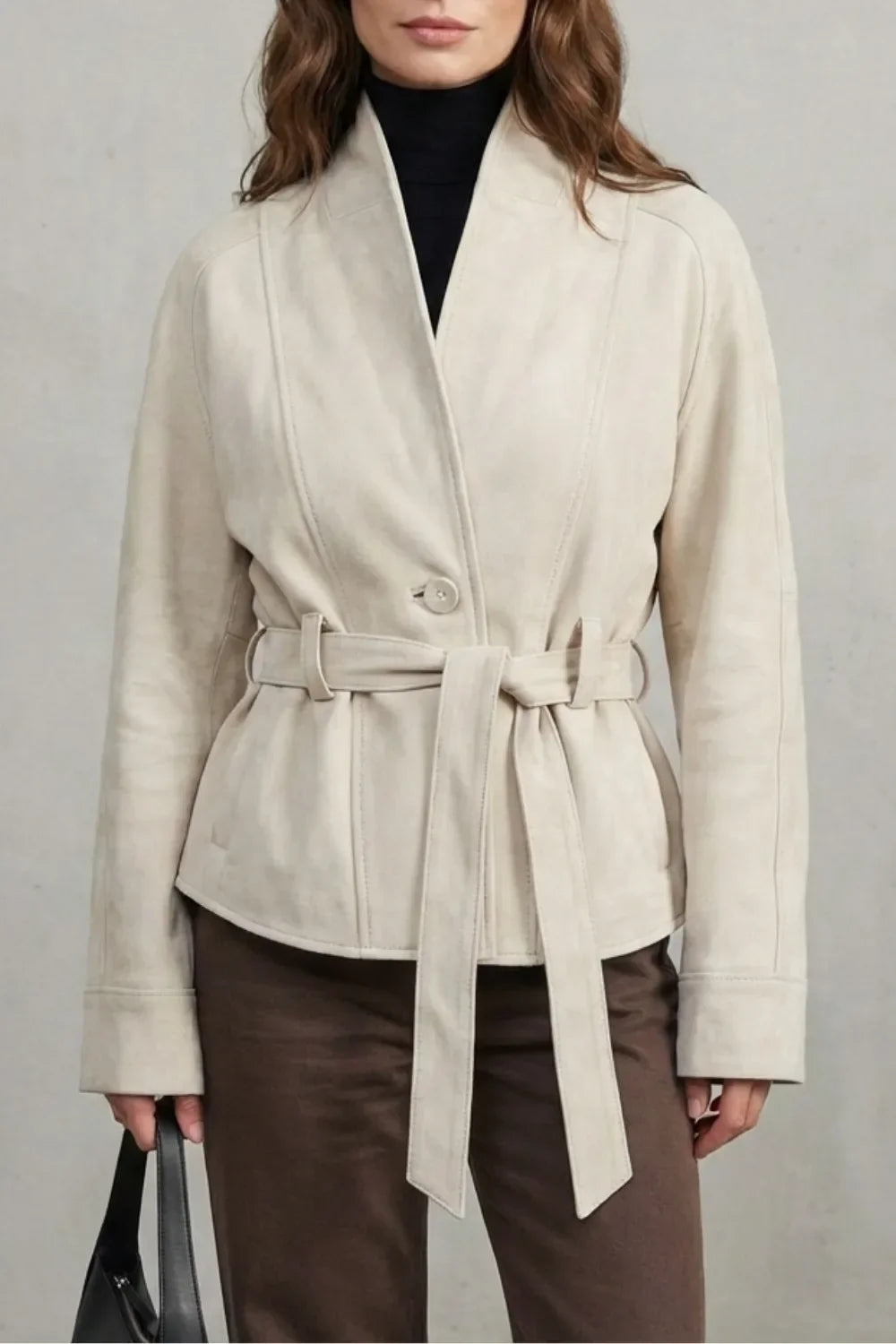 Veste Ceinturée à Col Montant – Beige