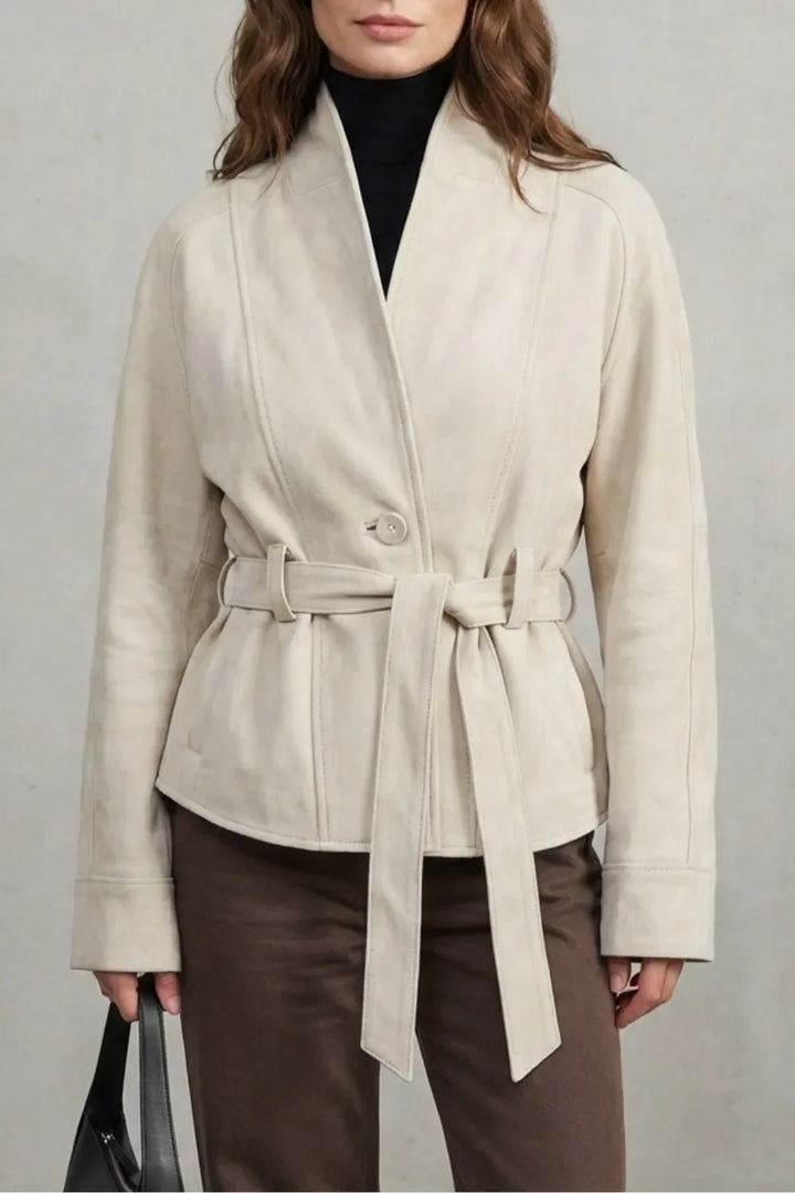 Veste Ceinturée à Col Montant – Beige