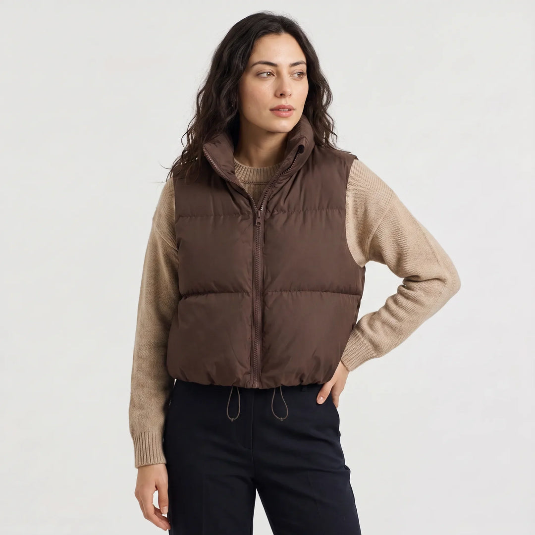 Veste Courte Zippée sans Manches – Marron