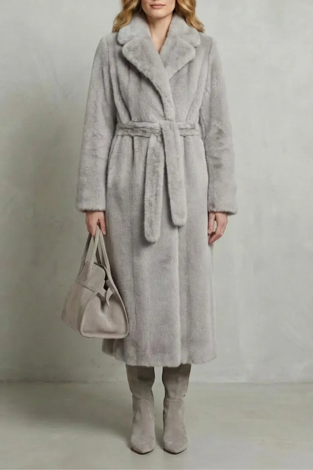 Veste Longue Ceinturée Élégante – Gris Clair