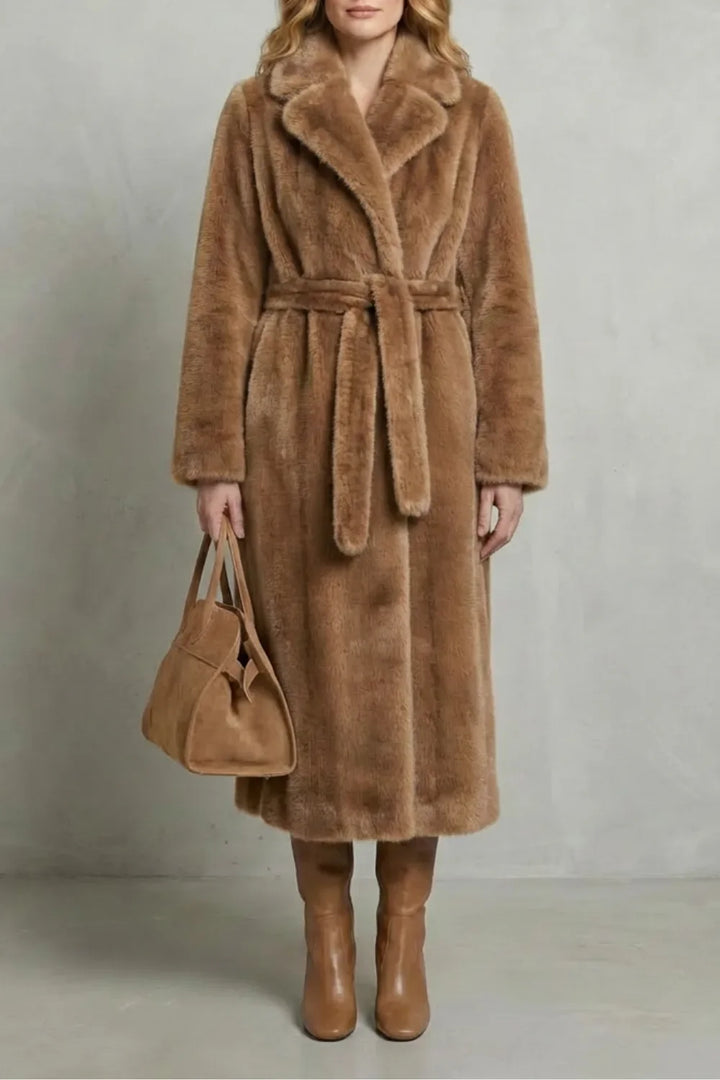 Veste Longue Ceinturée Élégante – Marron Clair