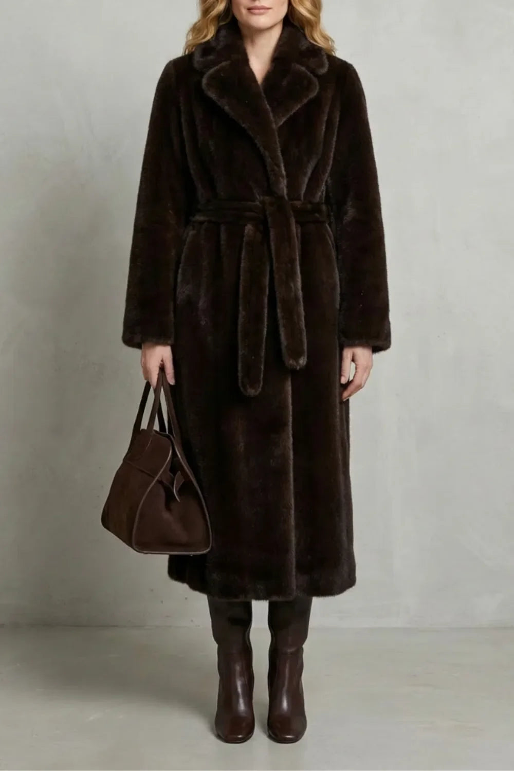 Veste Longue Ceinturée Élégante – Marron Foncé