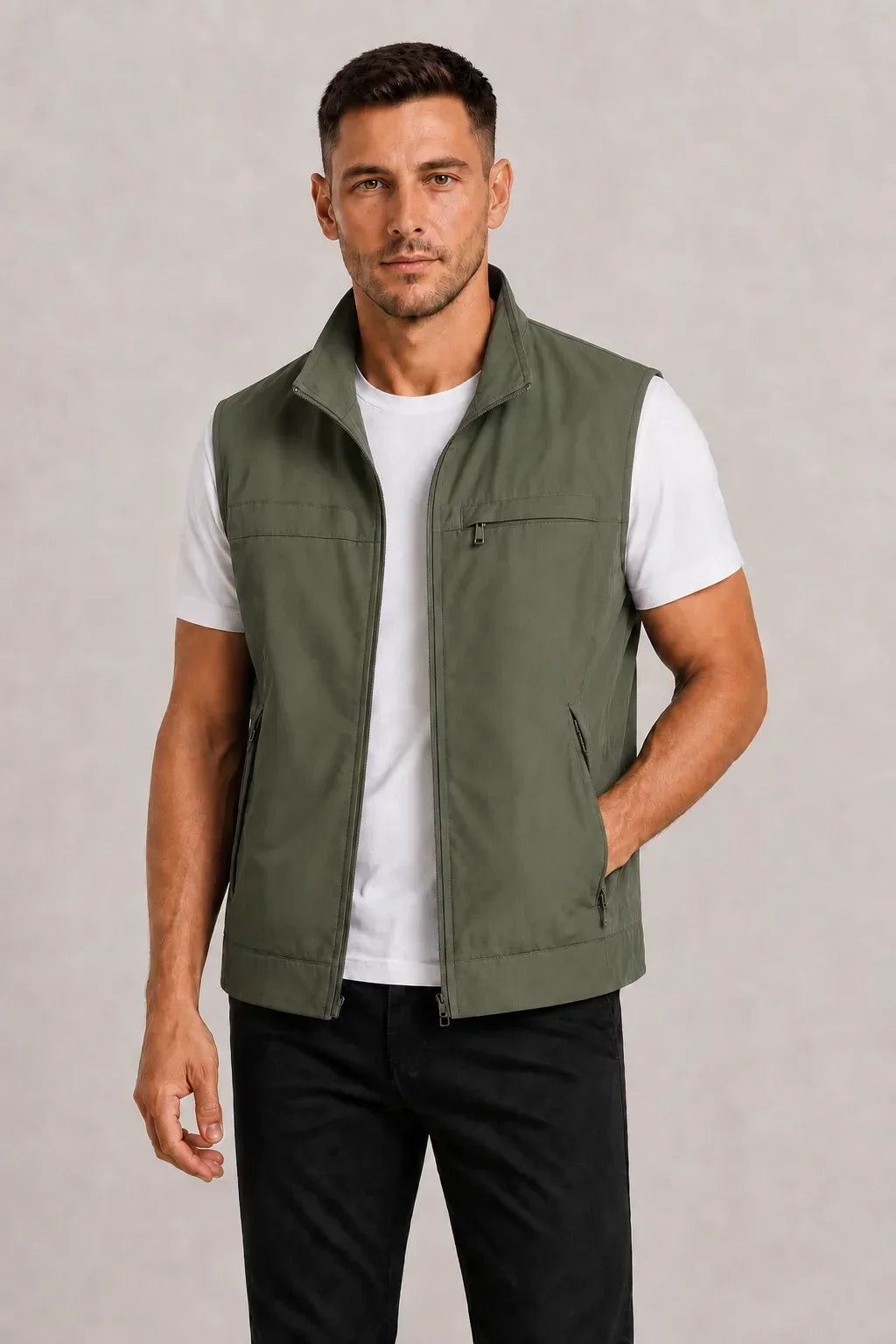 Veste sans Manches Col Montant – Vert Militaire